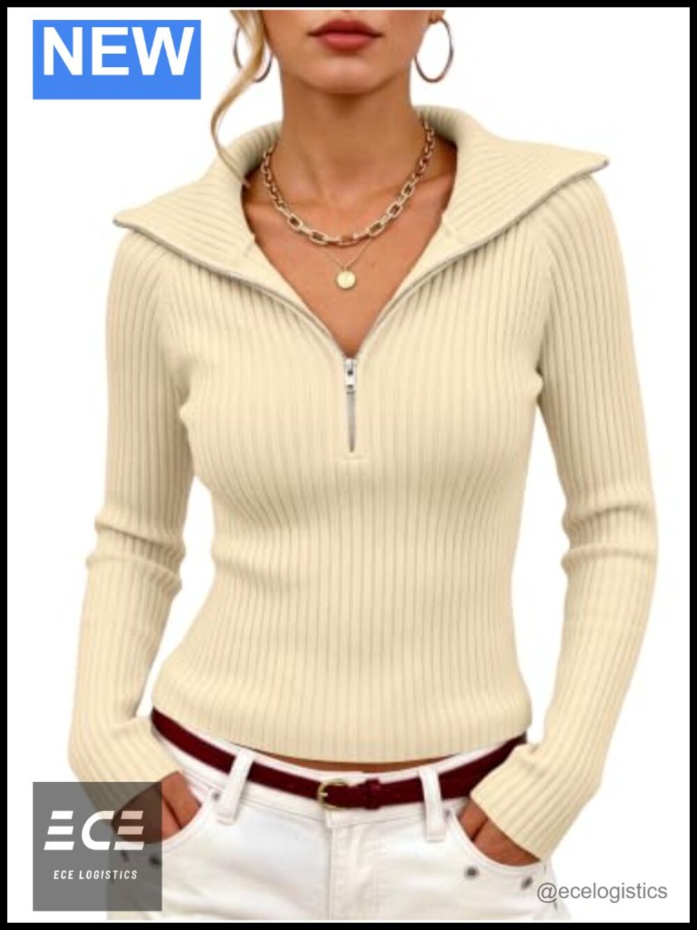 Women's Half Zip Collared Sweater Fitted Ribbed Knit Crop V-Neck Pullover